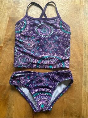 Kids Purple Floral Two-Piece Tankini Swim Set - Purple
